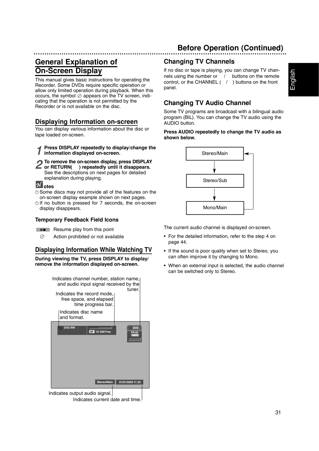 Philips DVDR3320V General Explanation On-Screen Display, Displaying Information on-screen, Changing TV Channels 