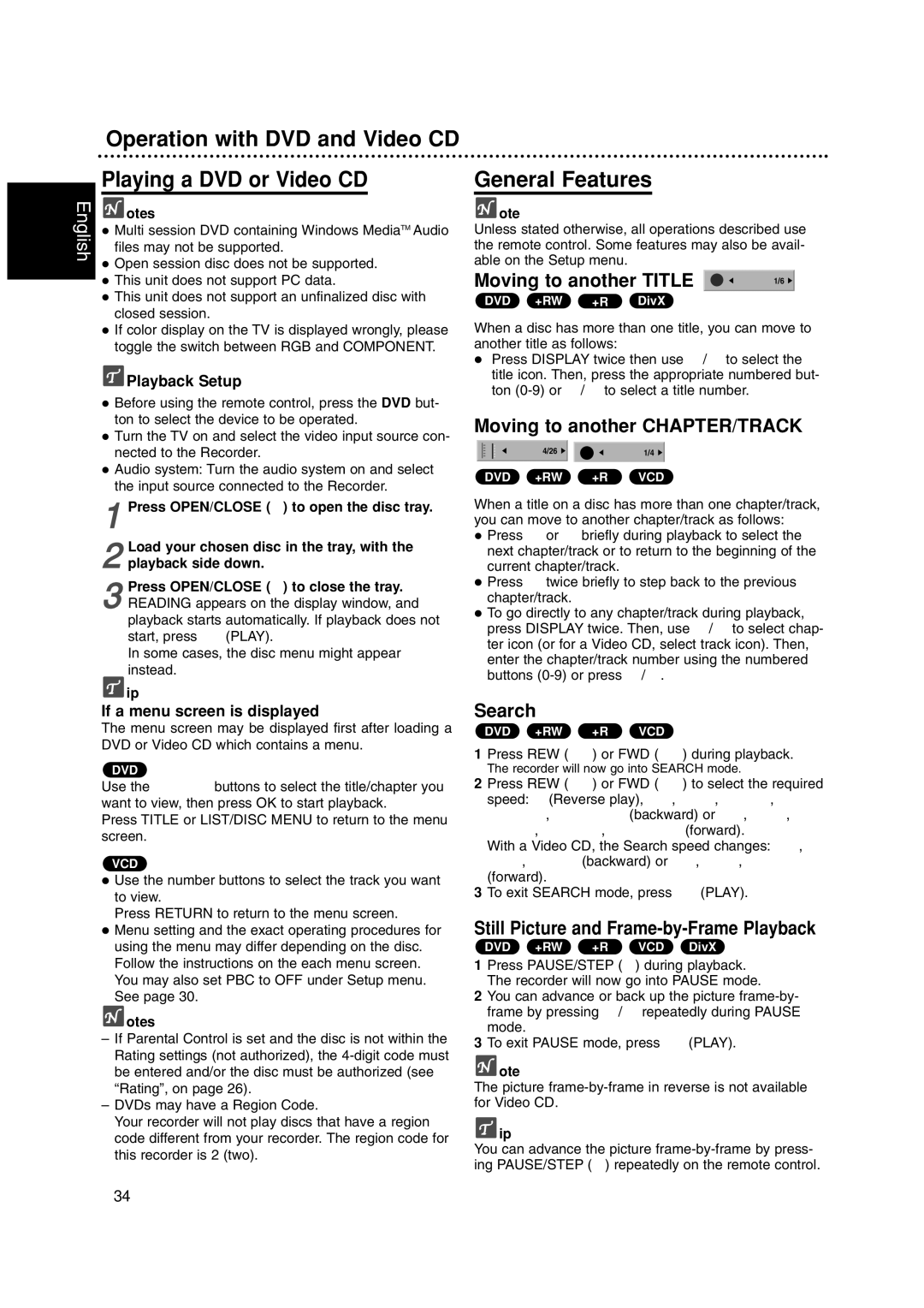 Philips DVDR3320V owner manual Operation with DVD and Video CD Playing a DVD or Video CD, Moving to another Title, Search 