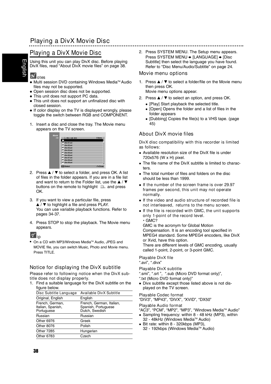 Philips DVDR3320V Playing a DivX Movie Disc, Playable DivX file .avi, .divx Playable DivX subtitle, Playable Codec format 