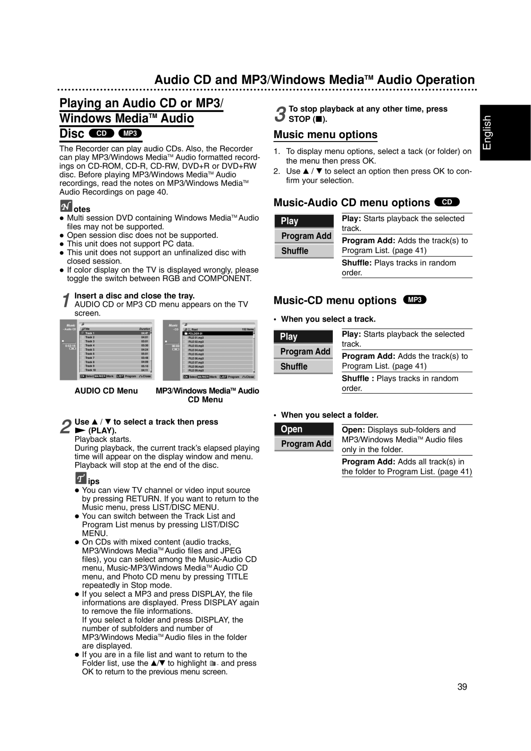 Philips DVDR3320V Audio CD and MP3/Windows MediaTM Audio Operation, Music menu options, Music-Audio CD menu options CD 