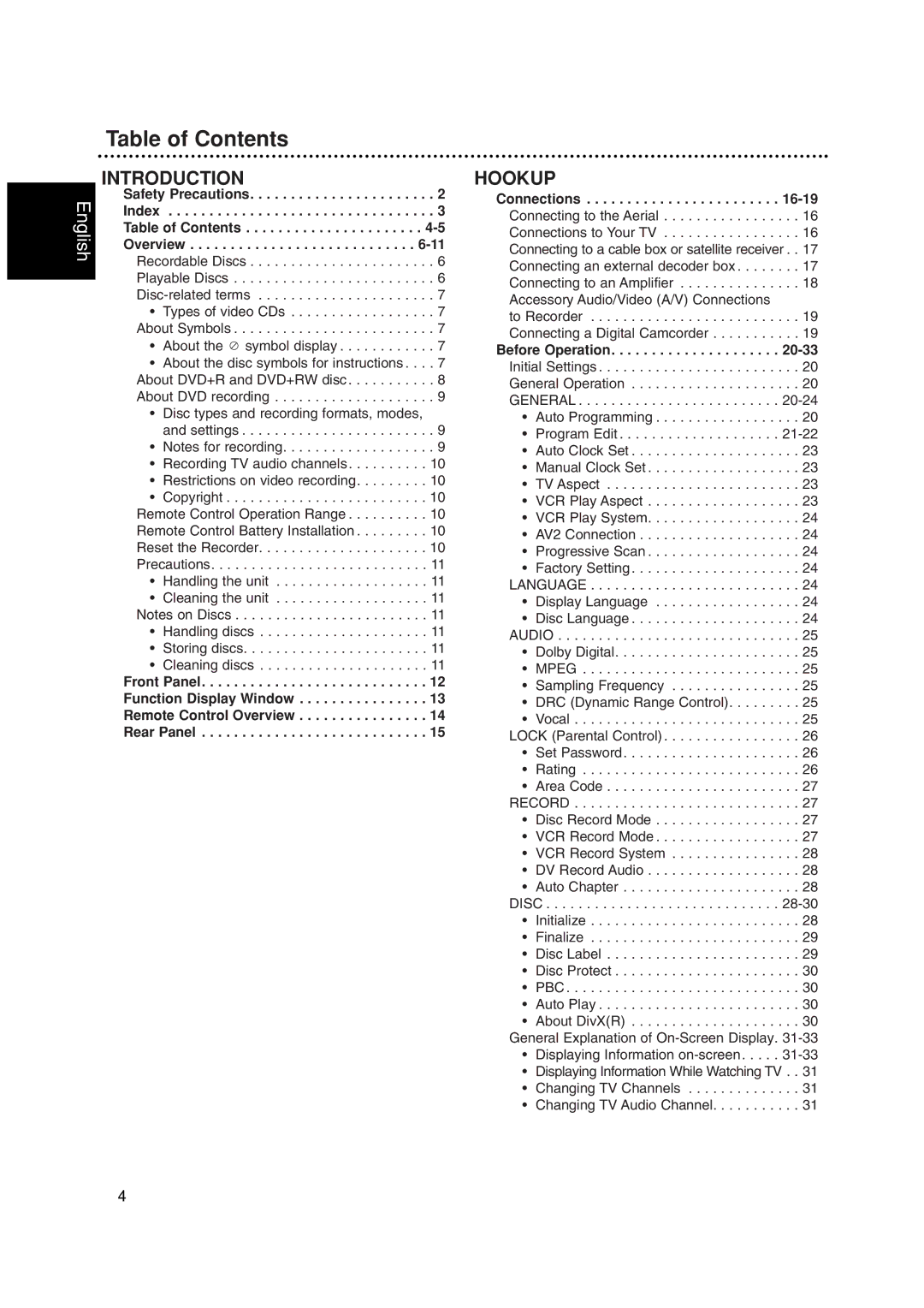 Philips DVDR3320V owner manual Table of Contents 