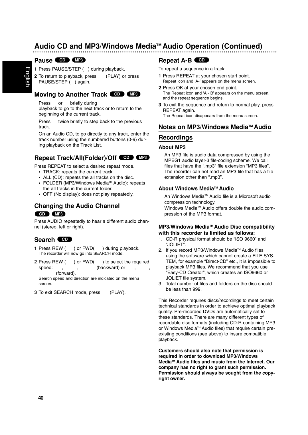 Philips DVDR3320V Pause CD, Moving to Another Track CD MP3, Repeat Track/AllFolder/Off CD MP3, Search CD, Repeat A-B CD 