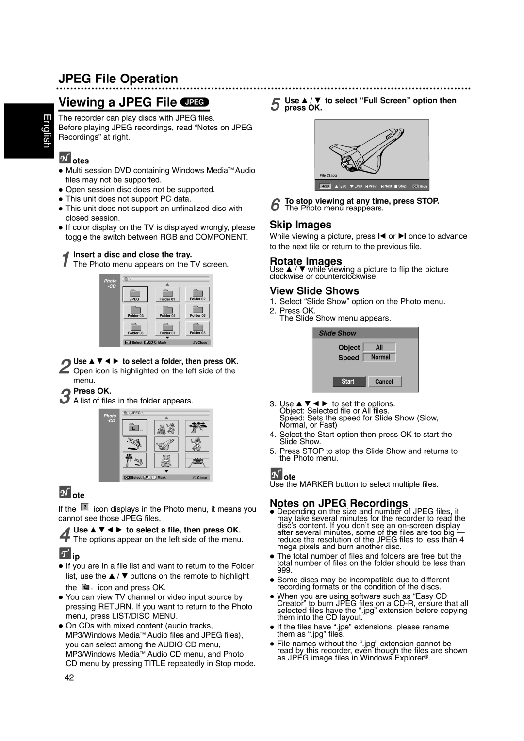 Philips DVDR3320V owner manual Jpeg File Operation Viewing a Jpeg File Jpeg, Skip Images, Rotate Images, View Slide Shows 