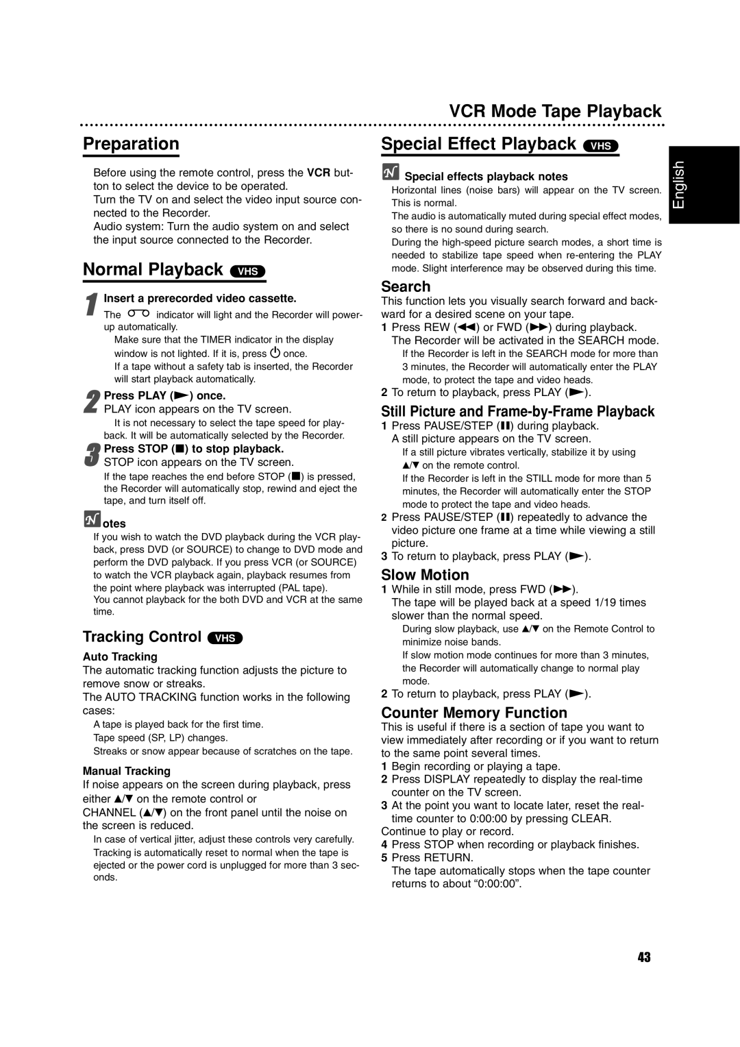 Philips DVDR3320V owner manual Preparation, Normal Playback VHS, VCR Mode Tape Playback Special Effect Playback VHS 