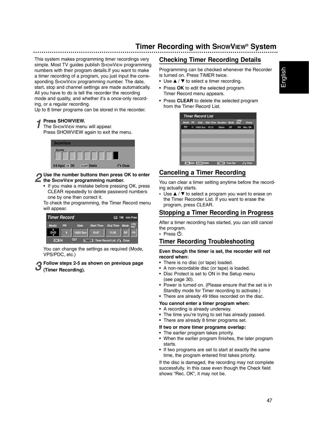 Philips DVDR3320V Timer Recording with Showview System, Checking Timer Recording Details, Canceling a Timer Recording 