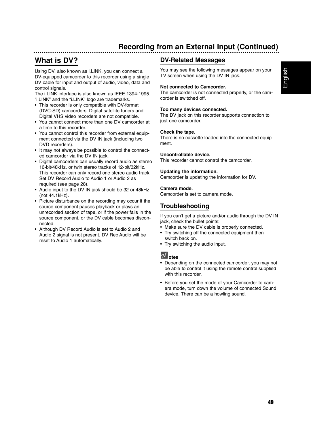 Philips DVDR3320V owner manual Recording from an External Input What is DV?, DV-Related Messages, Troubleshooting 