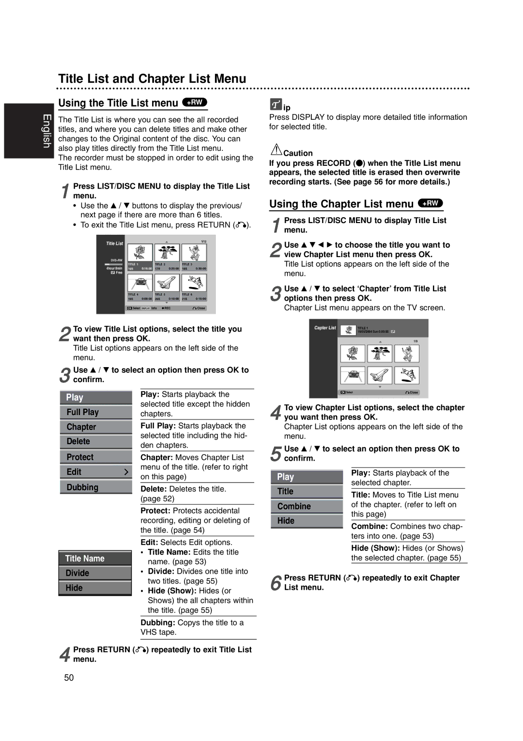 Philips DVDR3320V Title List and Chapter List Menu, Using the Title List menu +RW, Using the Chapter List menu +RW 