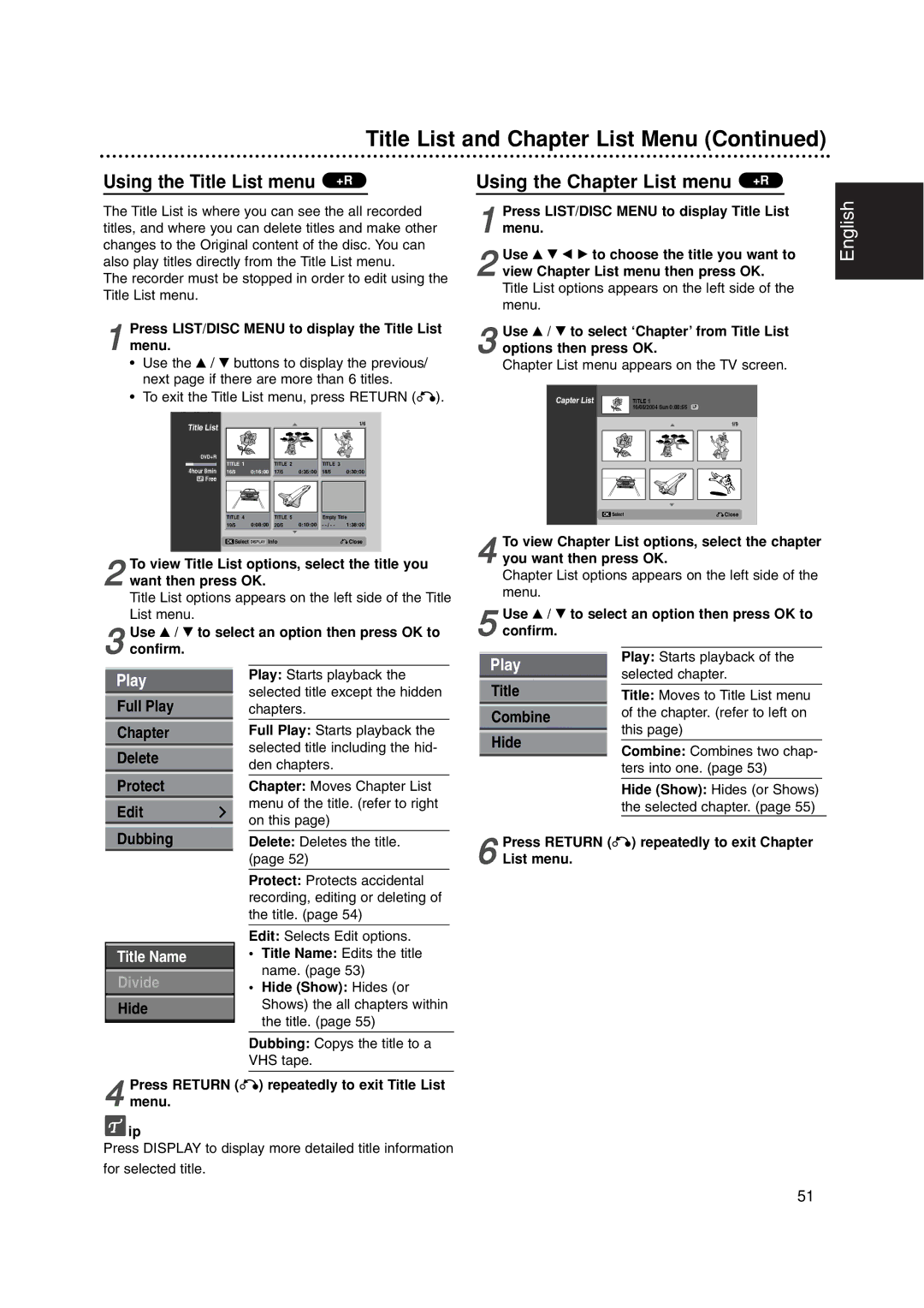 Philips DVDR3320V Using the Title List menu +R, Using the Chapter List menu +R, Menu of the title. refer to right On this 