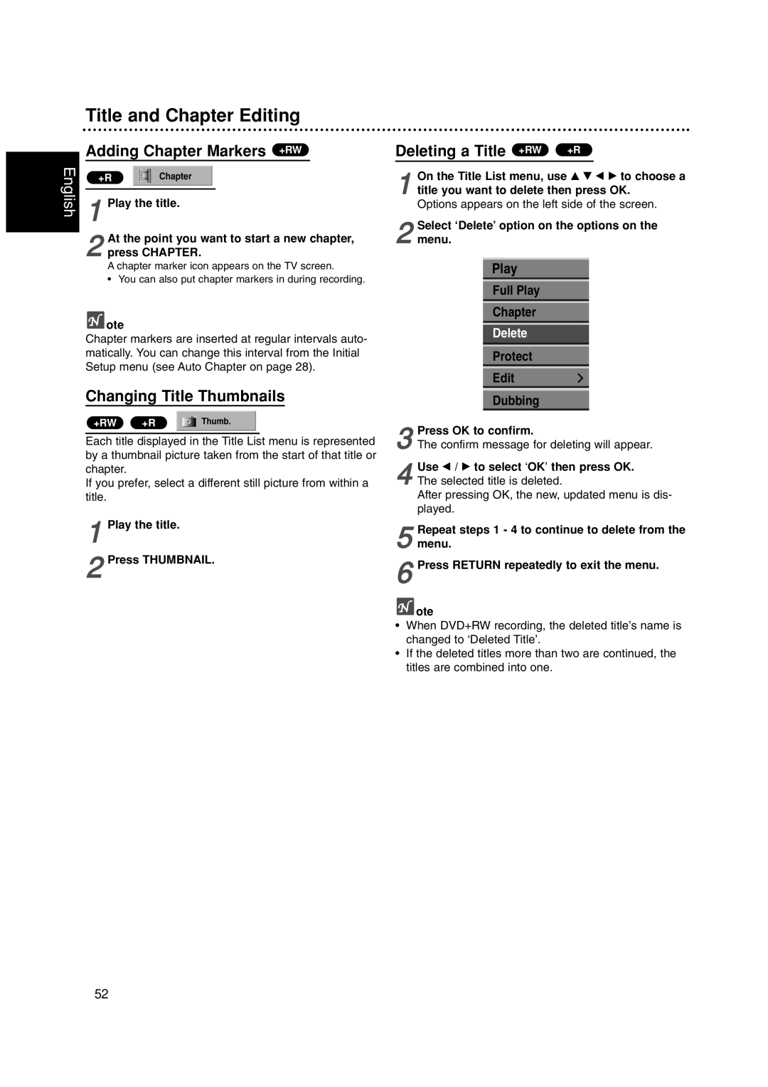 Philips DVDR3320V Title and Chapter Editing, Adding Chapter Markers +RW, Changing Title Thumbnails, Deleting a Title +RW 