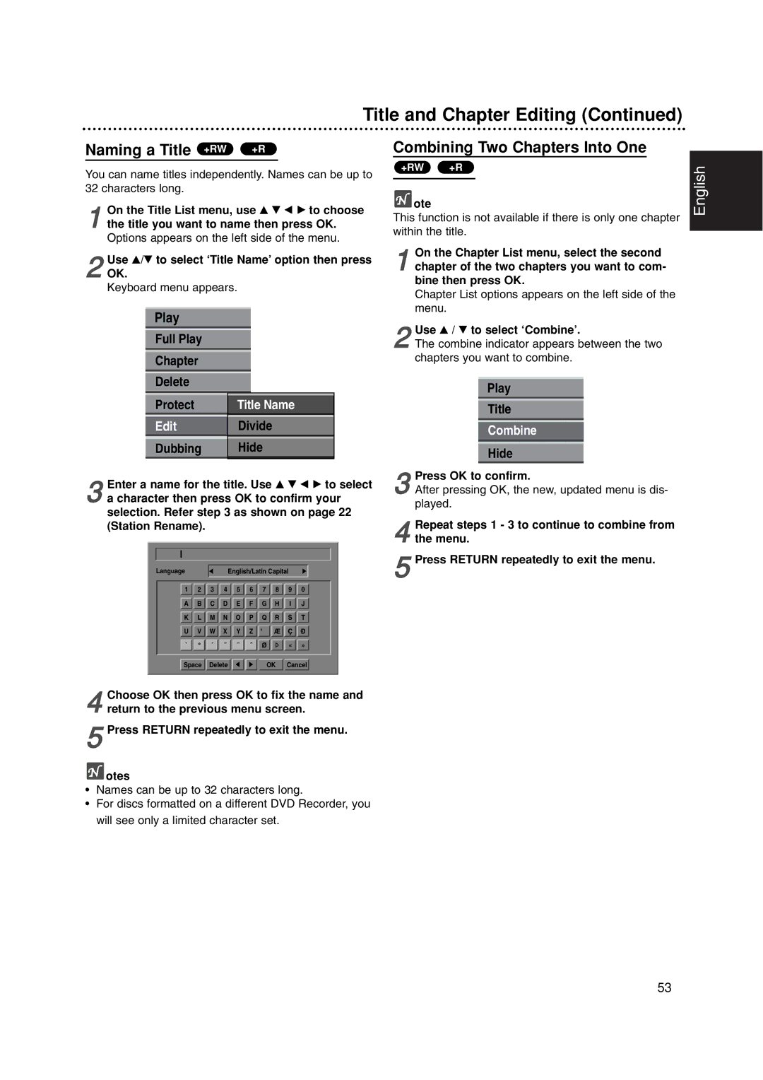 Philips DVDR3320V Naming a Title +RW +R, Combining Two Chapters Into One, Chapter Delete, Dubbing Hide, Play Title 