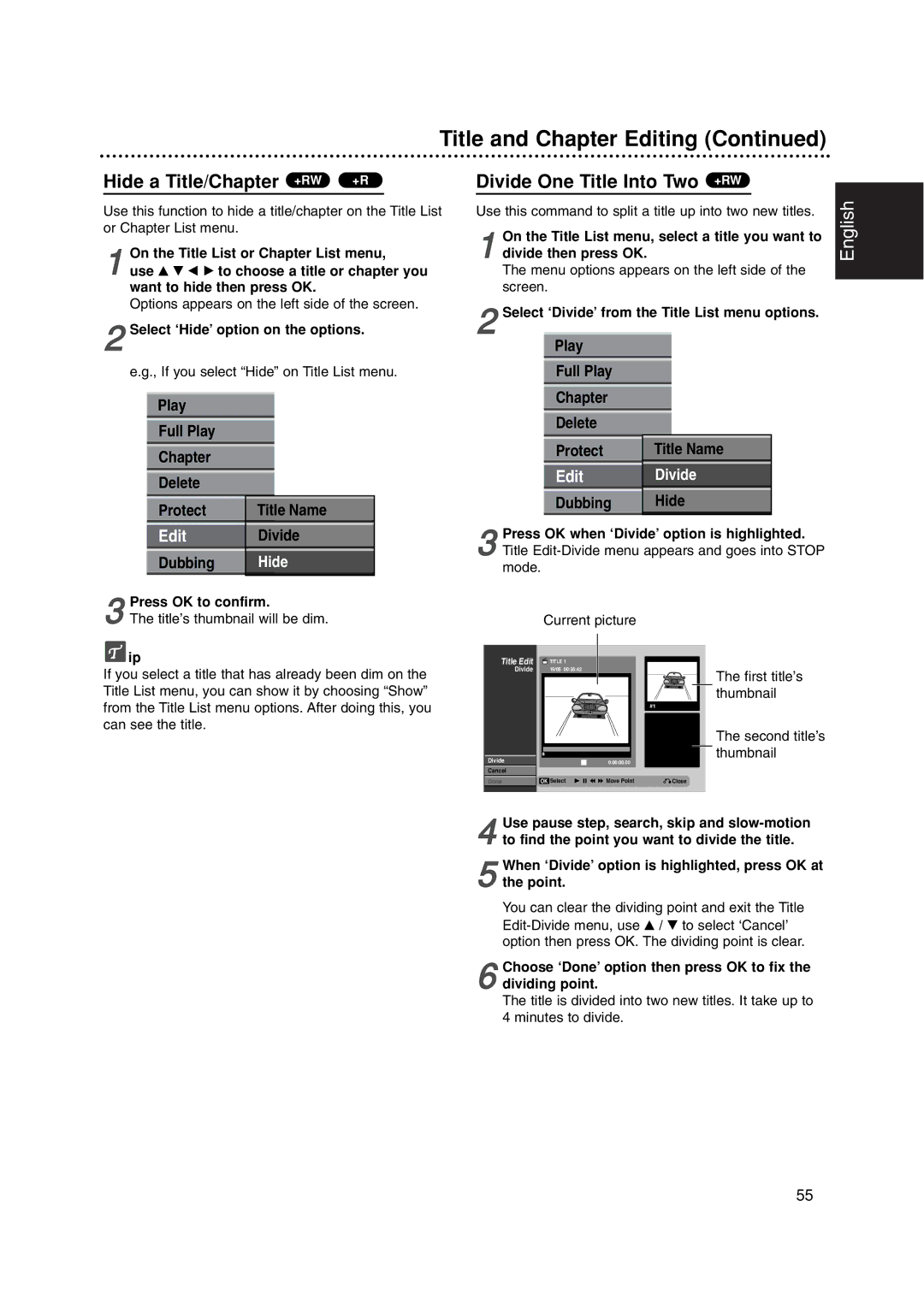 Philips DVDR3320V Hide a Title/Chapter +RW, Divide One Title Into Two, Play Full Play Chapter Delete Protect Title Name 