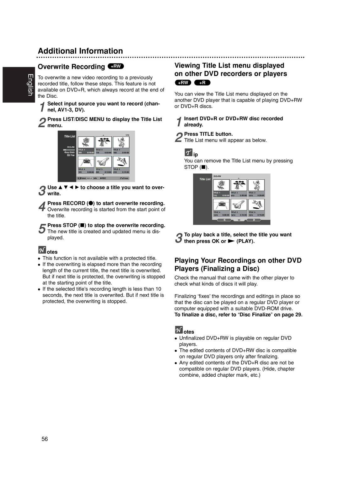 Philips DVDR3320V owner manual Additional Information, Overwrite Recording +RW 