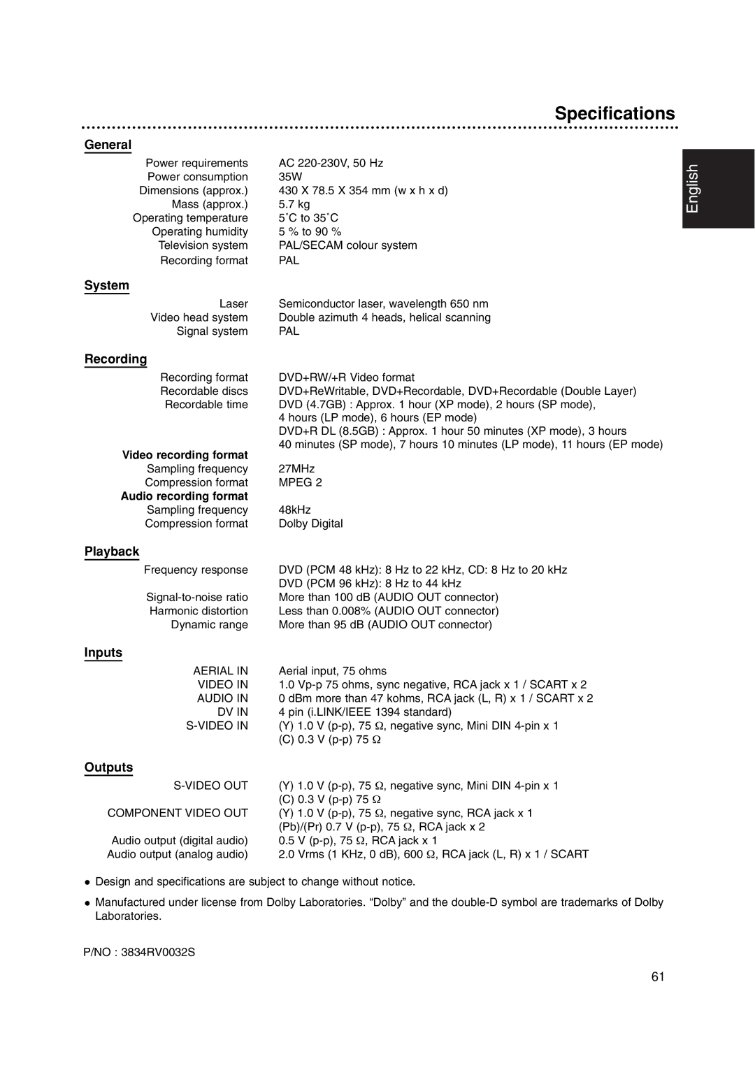 Philips DVDR3320V owner manual Specifications 