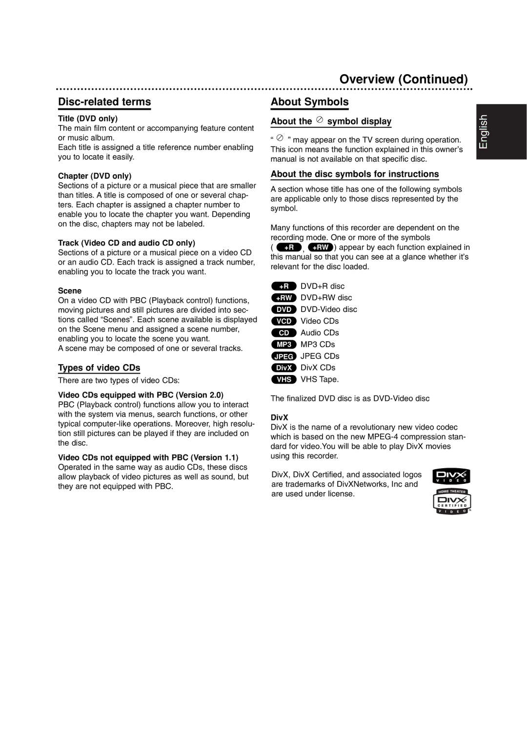 Philips DVDR3320V owner manual Disc-related terms, About Symbols, Types of video CDs 