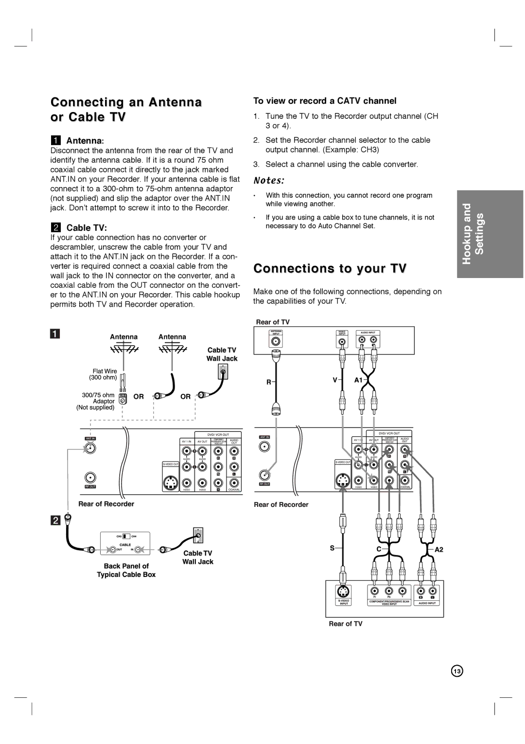 Philips DVDR3320V user manual Connecting an Antenna or Cable TV, Connections to your TV, To view or record a Catv channel 