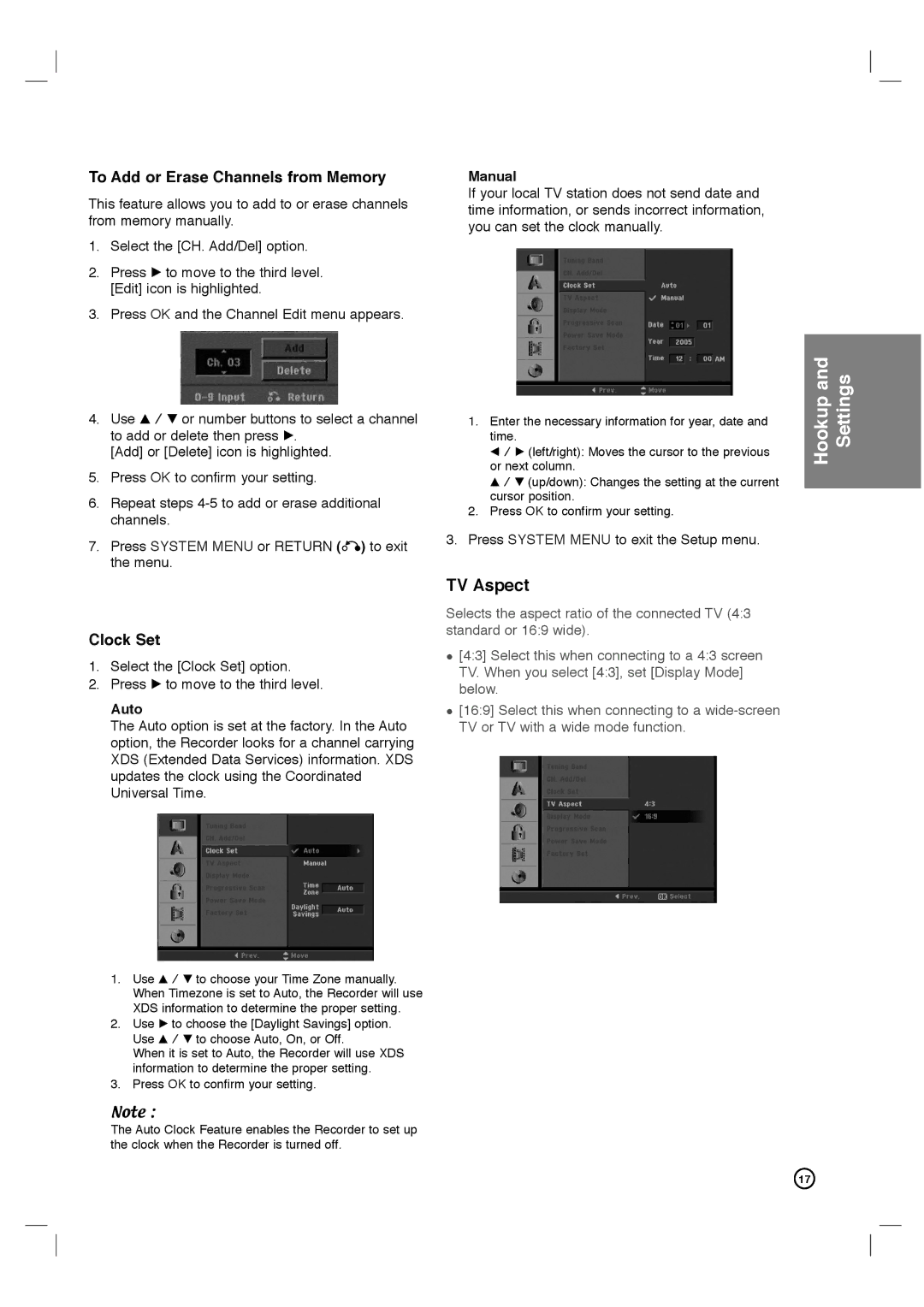 Philips DVDR3320V user manual TV Aspect, To Add or Erase Channels from Memory, Clock Set, Auto, Manual 