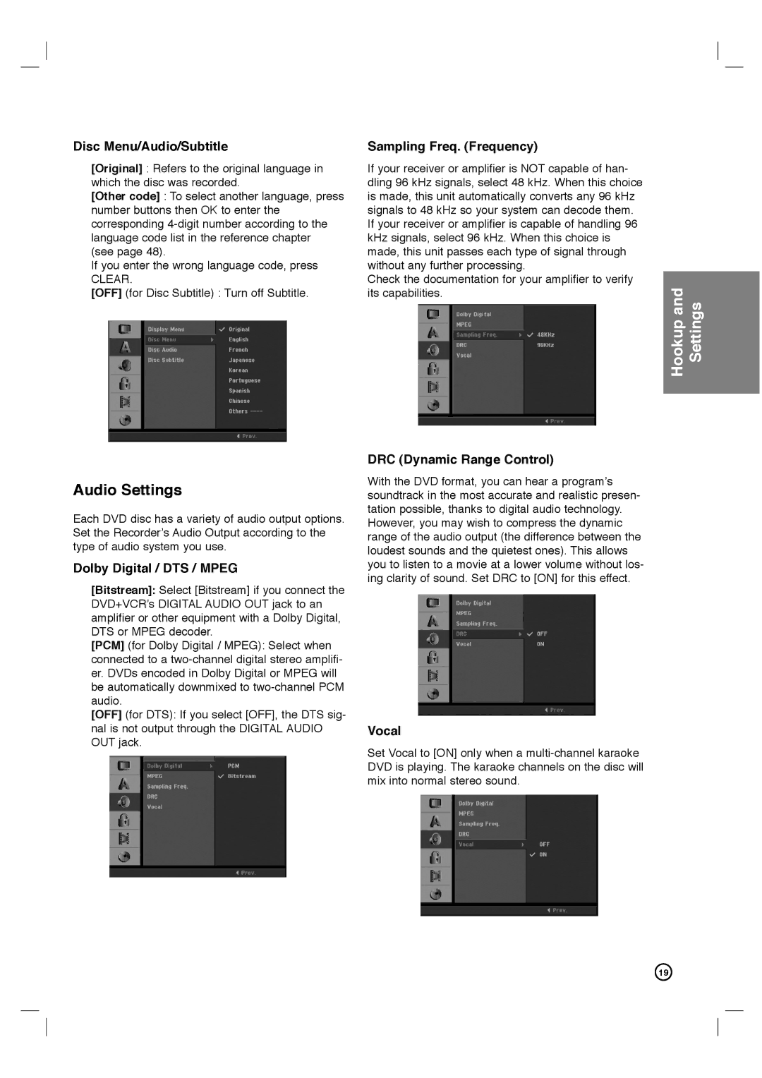 Philips DVDR3320V user manual Audio Settings 