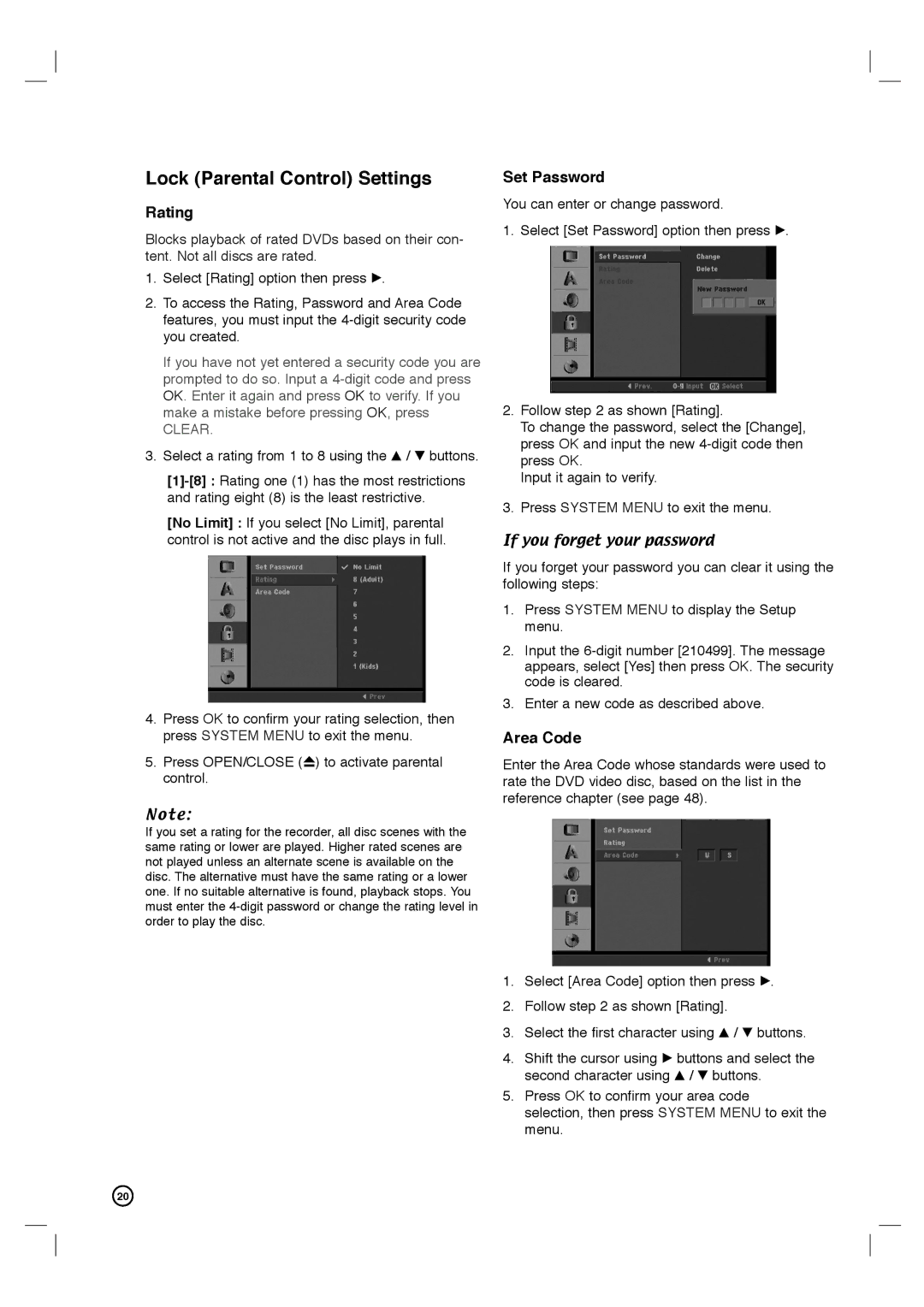 Philips DVDR3320V user manual Lock Parental Control Settings, Rating, Set Password, Area Code, If you forget your password 