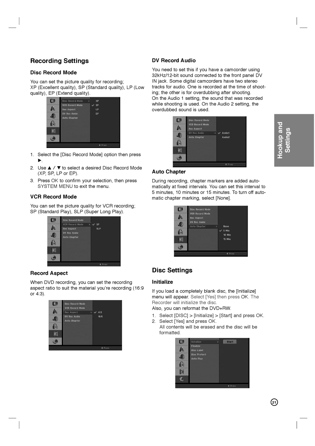 Philips DVDR3320V user manual Recording Settings, Disc Settings 