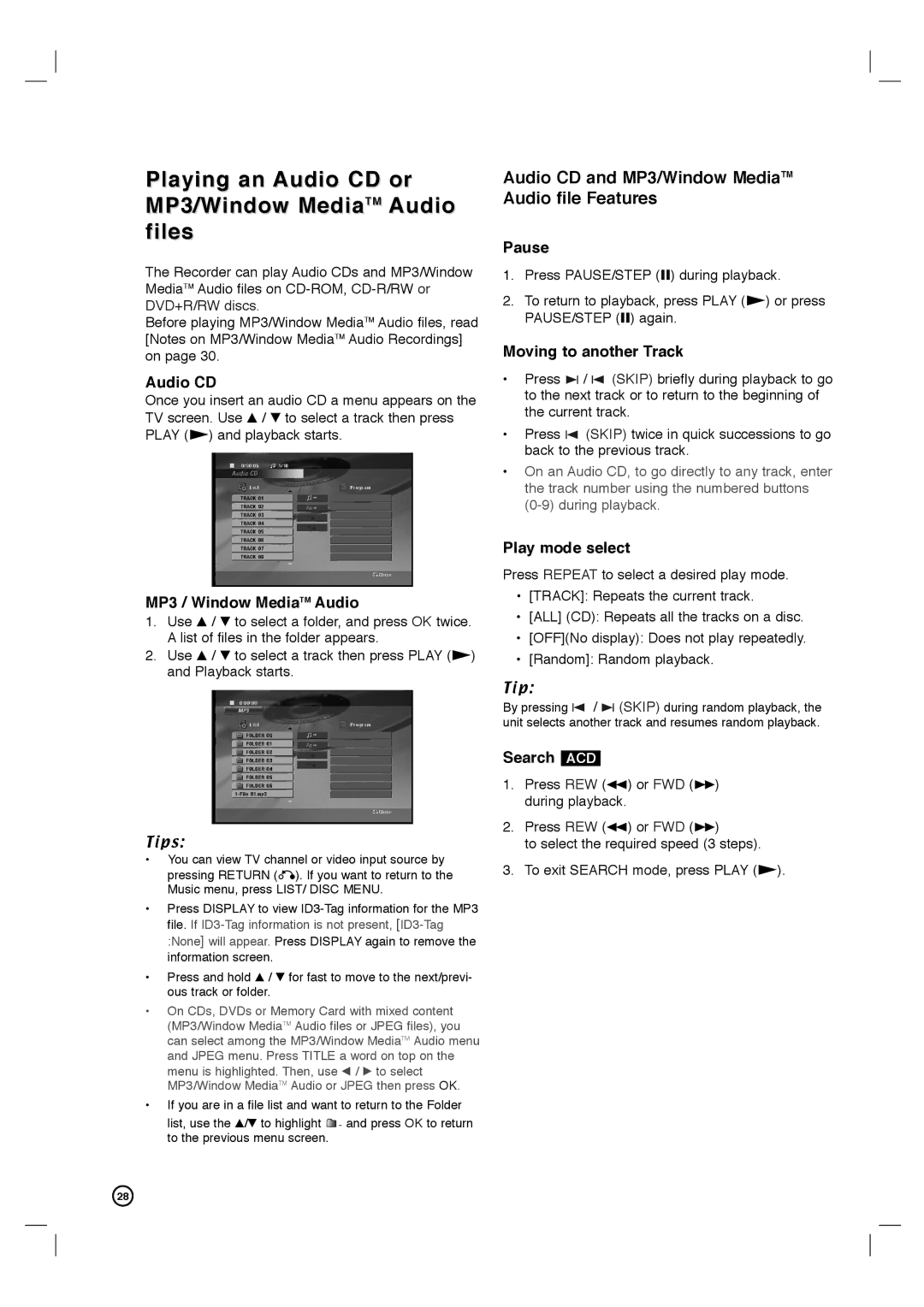 Philips DVDR3320V user manual Playing an Audio CD or MP3/Window MediaTM Audio files 