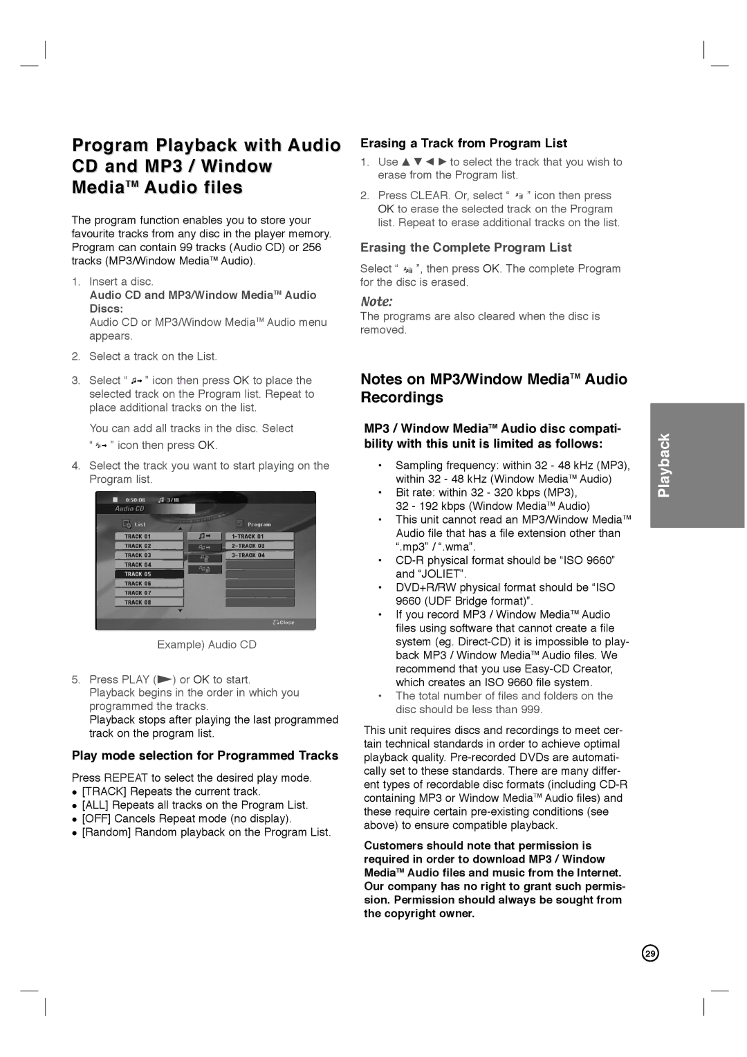 Philips DVDR3320V user manual Play mode selection for Programmed Tracks, Erasing a Track from Program List 