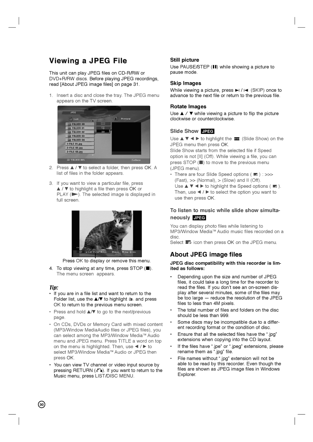 Philips DVDR3320V user manual Viewing a Jpeg File, About Jpeg image files, Still picture, Skip Images, Rotate Images 