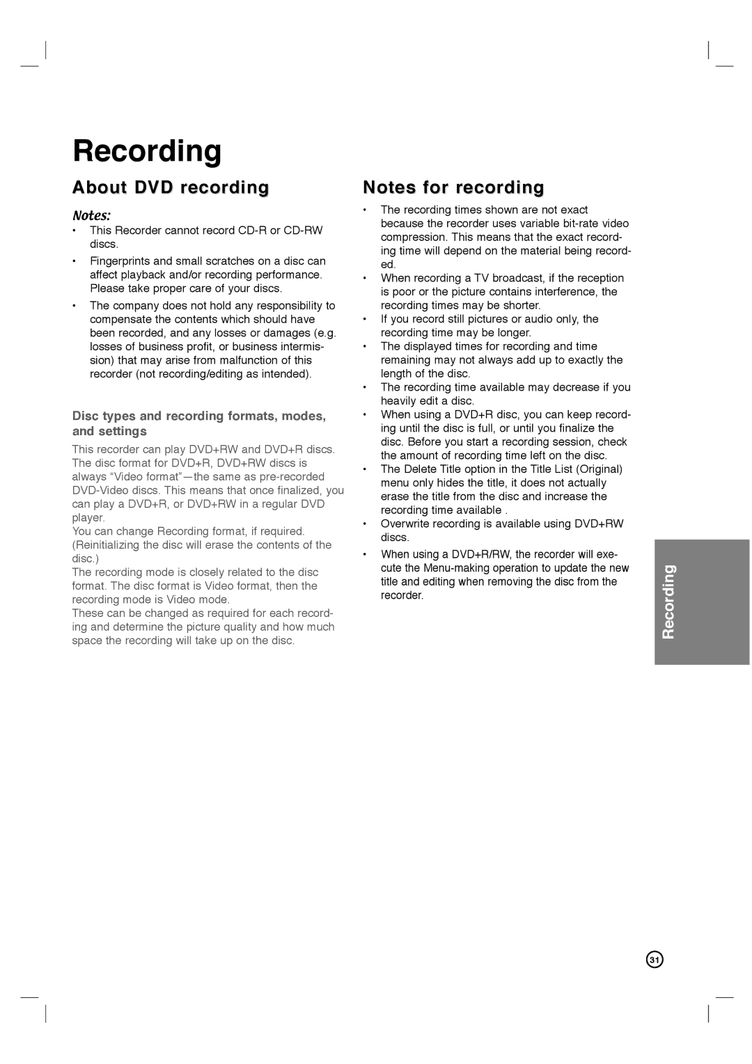 Philips DVDR3320V user manual Recording, About DVD recording 