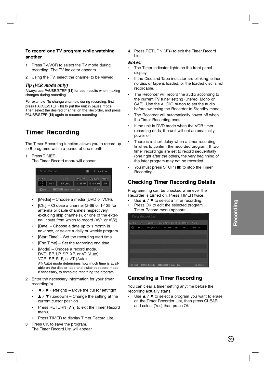 Philips DVDR3320V user manual Checking Timer Recording Details, Canceling a Timer Recording, Tip VCR mode only 