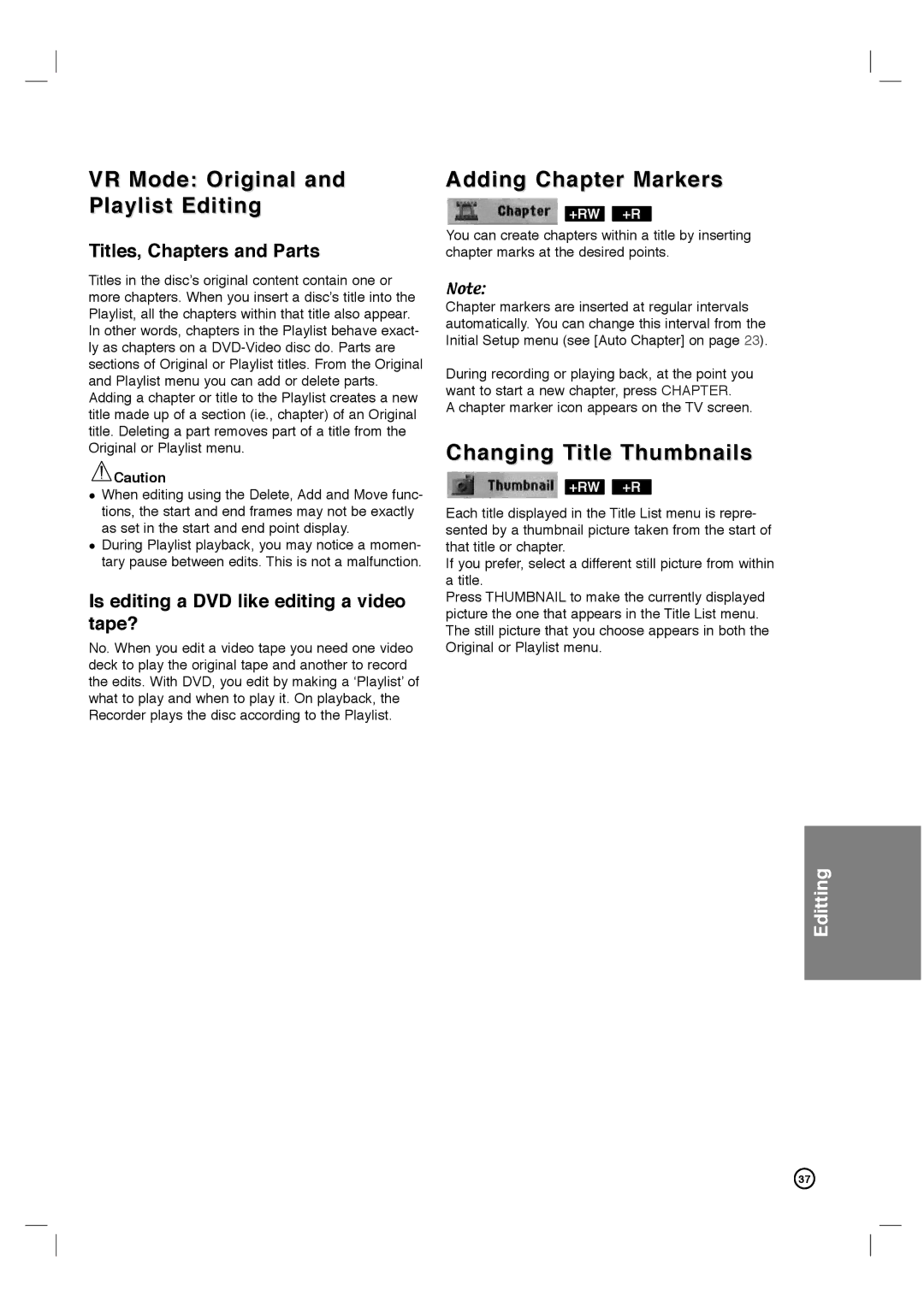 Philips DVDR3320V user manual VR Mode Original and Playlist Editing, Adding Chapter Markers, Changing Title Thumbnails 