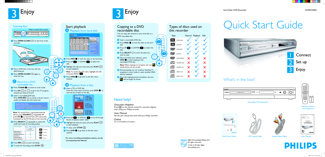 Philips DVDR3350H quick start Start playback, Types of discs used on this recorder, Inserting discs, Record to a DVD 