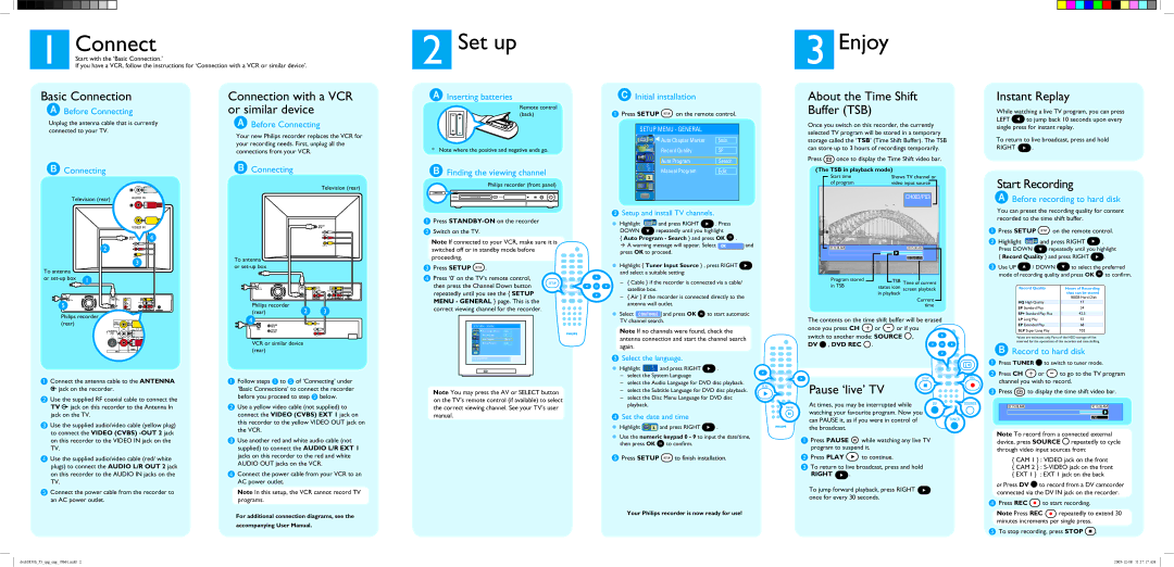 Philips DVDR3350H quick start Basic Connection, Connection with a VCR or similar device, About the Time Shift Buffer TSB 