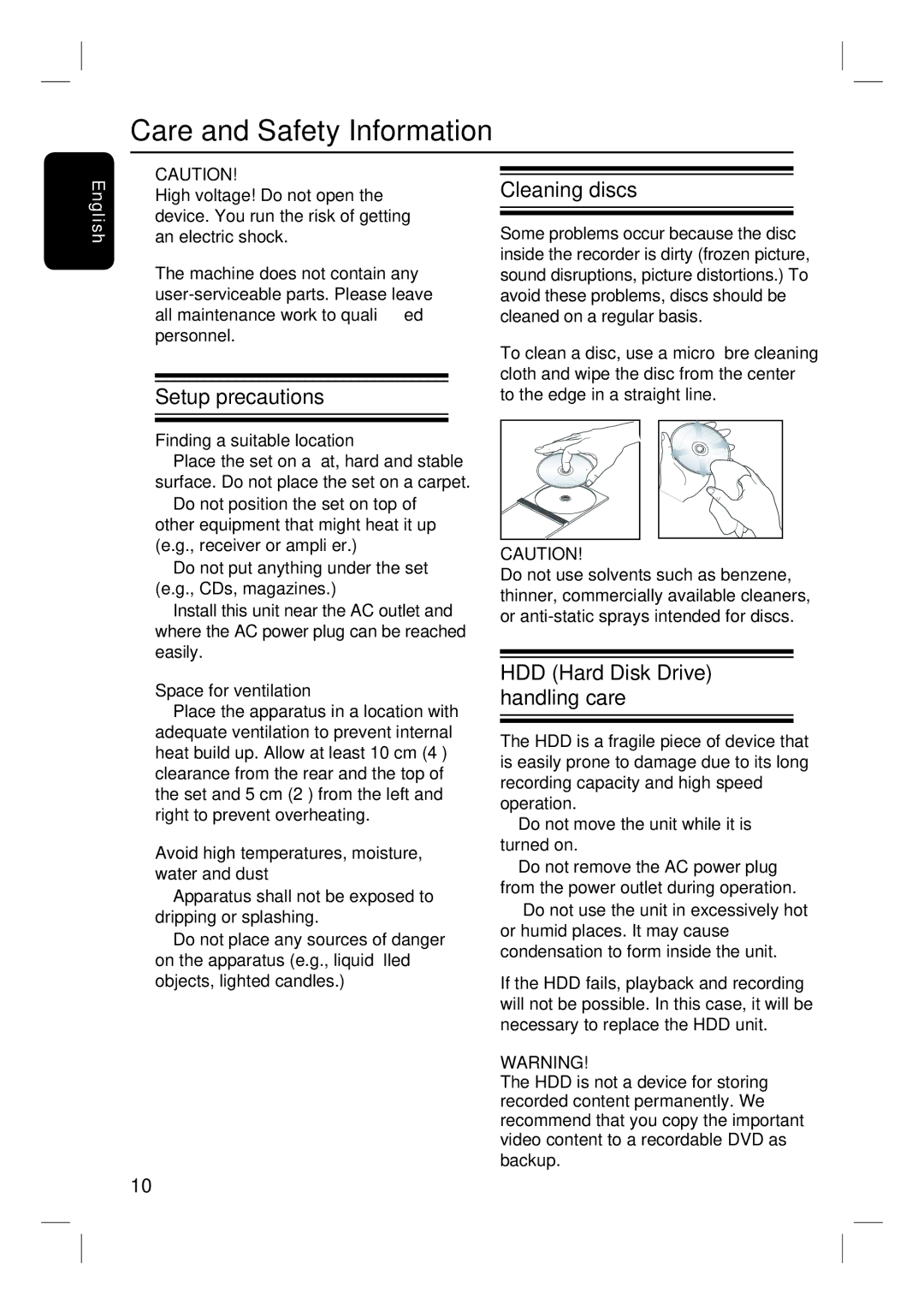 Philips DVDR3350H Care and Safety Information, Setup precautions, Cleaning discs, HDD Hard Disk Drive handling care 