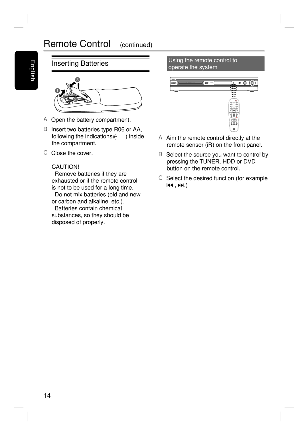 Philips DVDR3350H user manual Inserting Batteries, Using the remote control to operate the system 