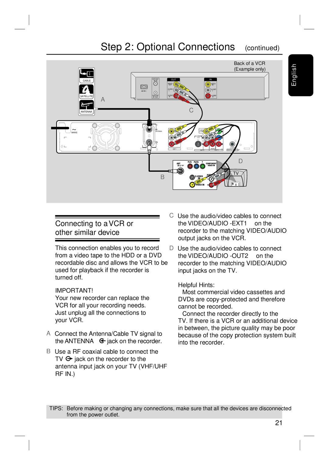 Philips DVDR3350H user manual Connecting to a VCR or other similar device, Back of a VCR Example only 