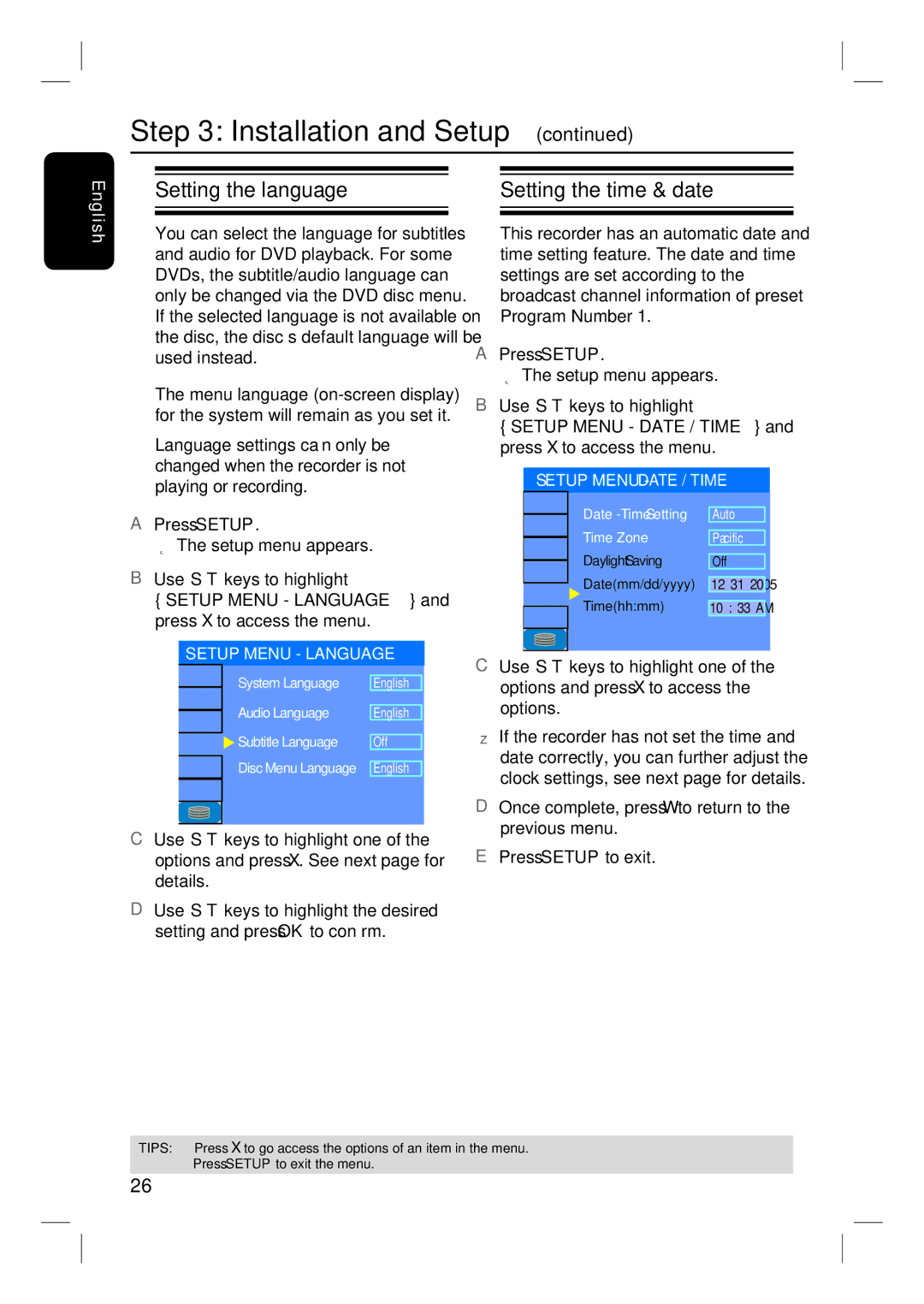 Philips DVDR3350H Setting the language Setting the time & date, Engli, Setup Menu Language, Setup Menu Date / Time 