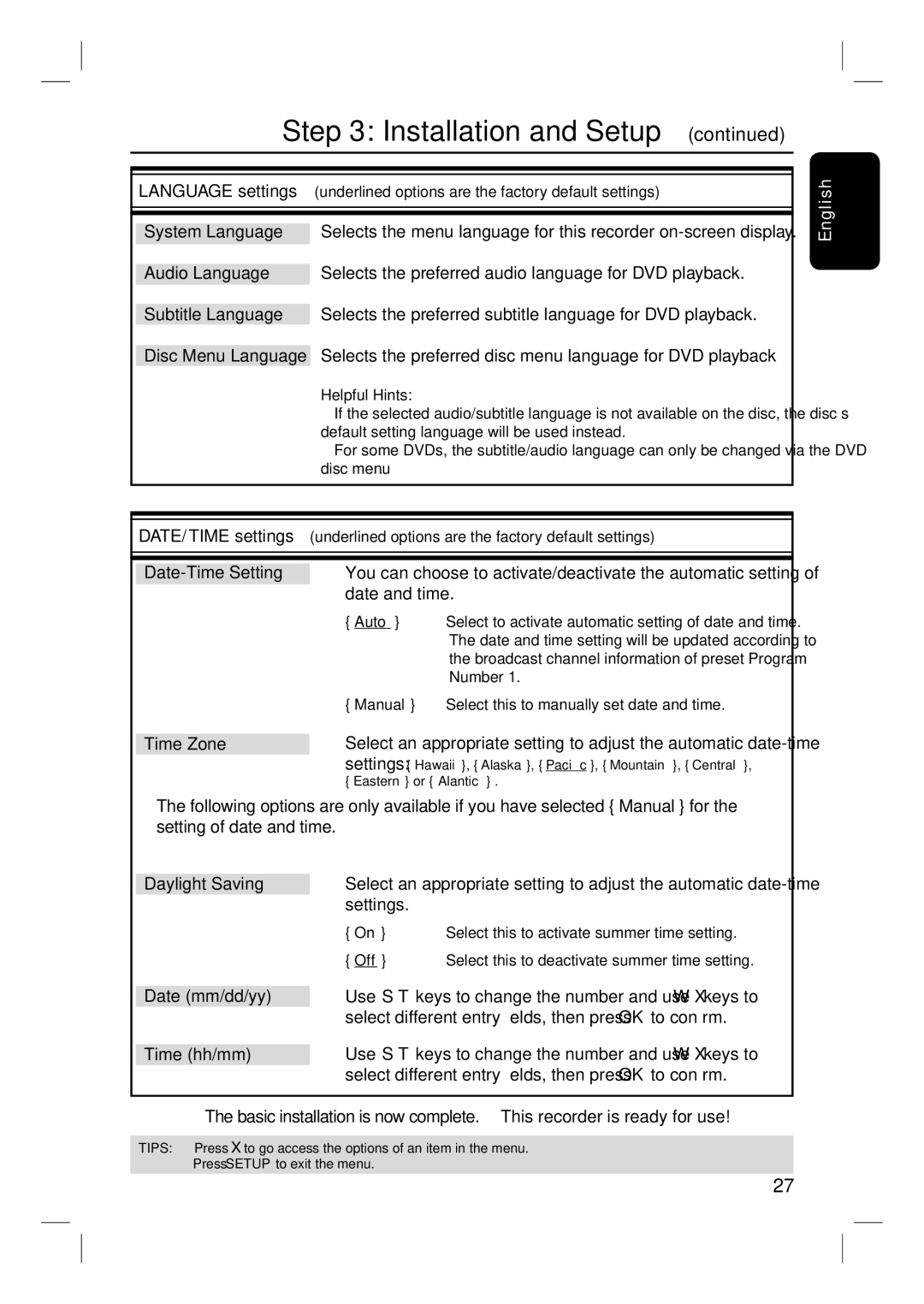 Philips DVDR3350H user manual Time Zone, Settings, Date mm/dd/yy, Time hh/mm 