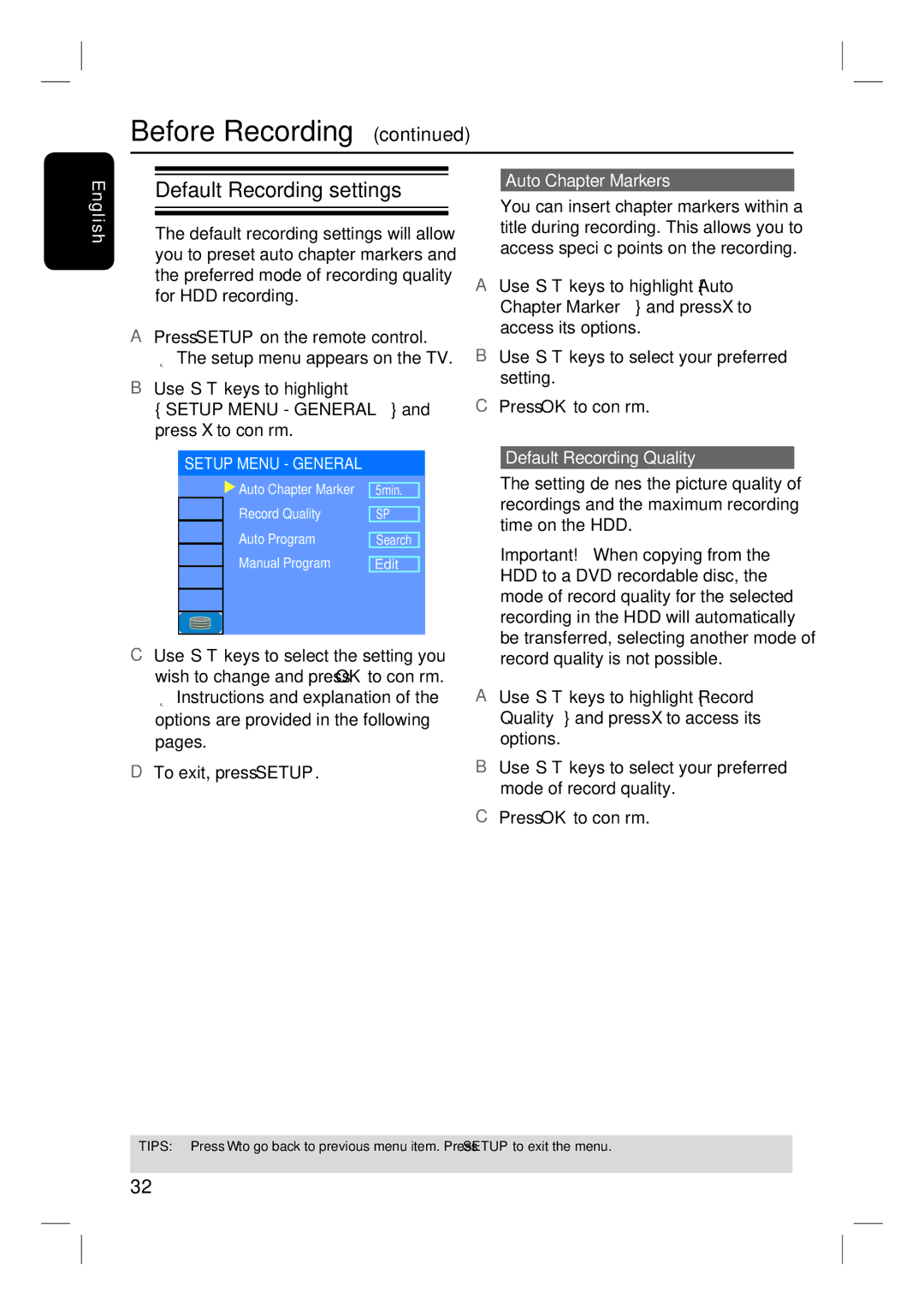 Philips DVDR3350H Default Recording settings, Auto Chapter Markers, Setting Press OK to confirm, Default Recording Quality 