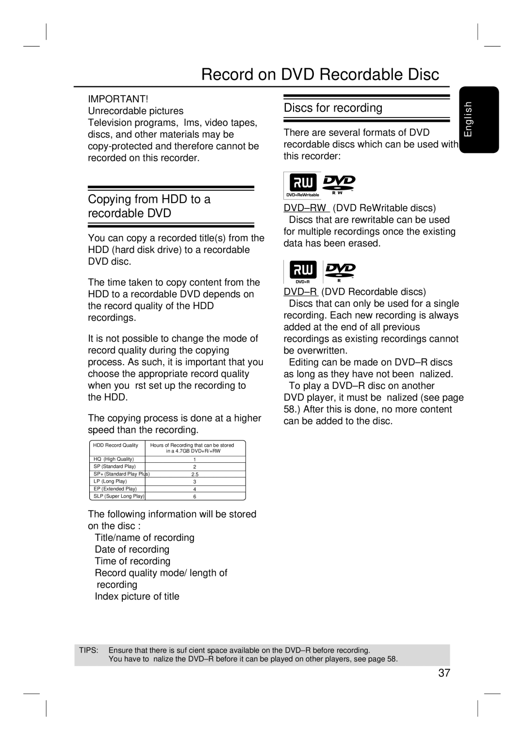 Philips DVDR3350H user manual Record on DVD Recordable Disc, Copying from HDD to a recordable DVD, Discs for recording 