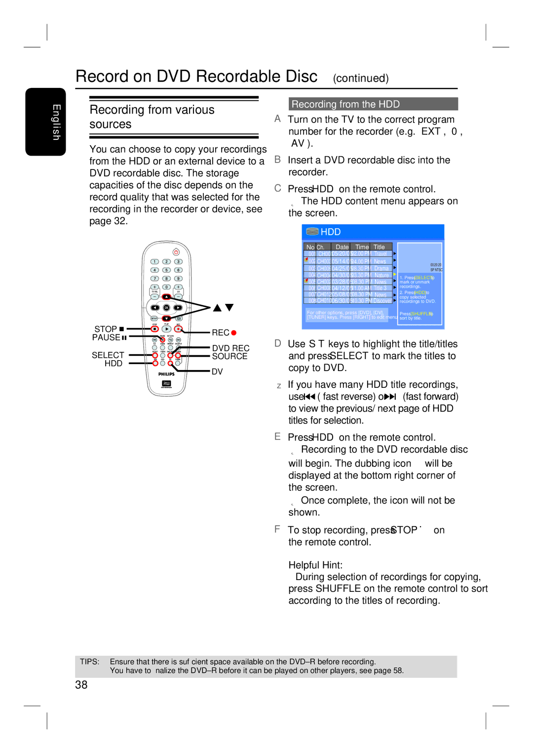 Philips DVDR3350H user manual Recording from various sources, Recording from the HDD, Screen 