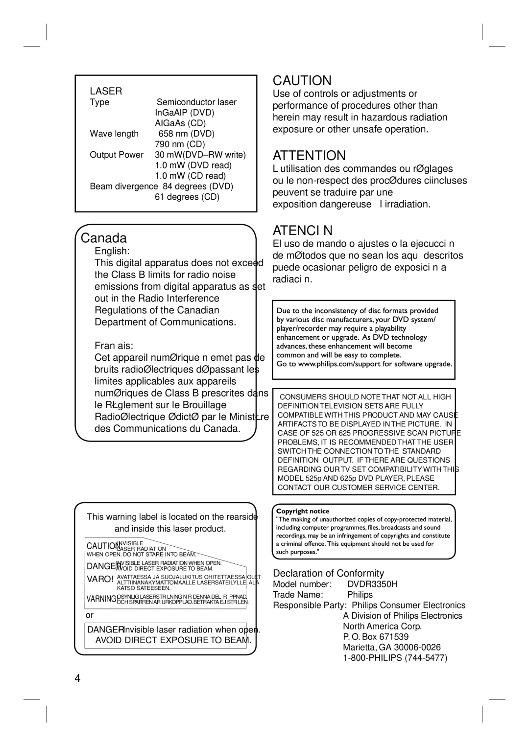 Philips DVDR3350H user manual English, Français, Declaration of Conformity 