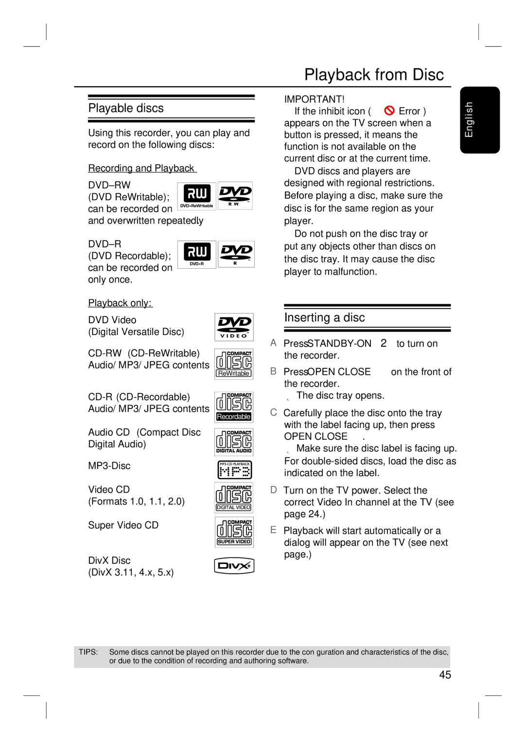 Philips DVDR3350H user manual Playback from Disc, Playable discs, Inserting a disc 