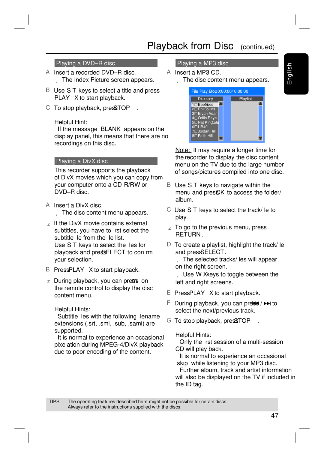 Philips DVDR3350H user manual Playing a DVD±R disc, Playing a DivX disc, Playing a MP3 disc 