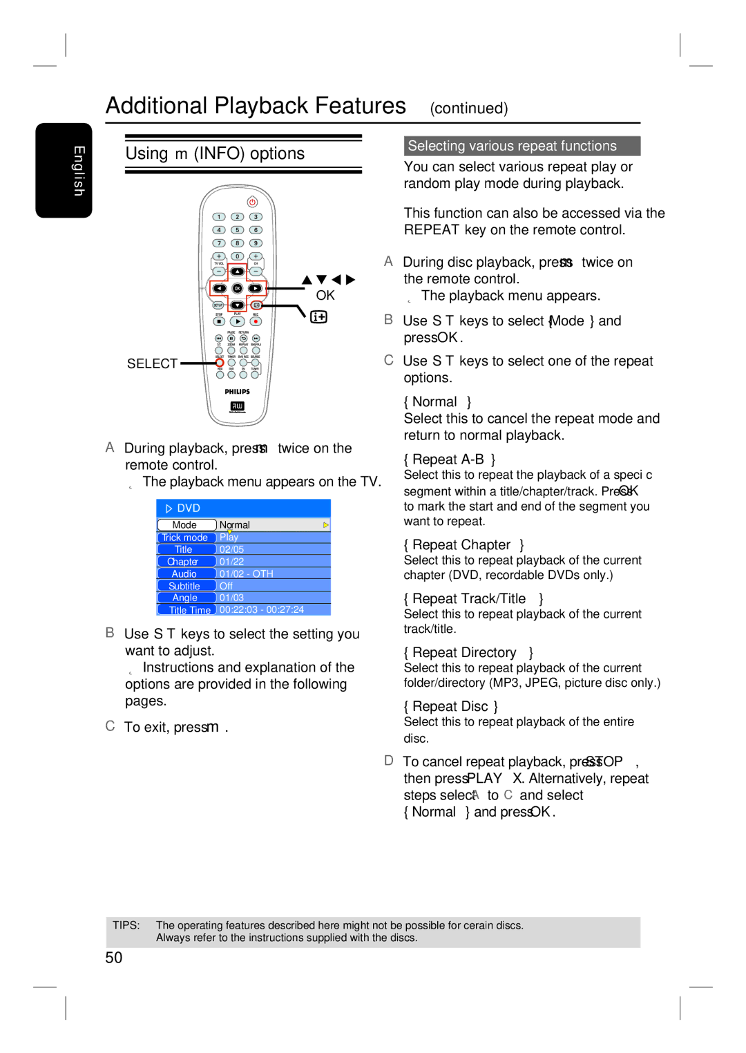 Philips DVDR3350H user manual Using mINFO options, Selecting various repeat functions 