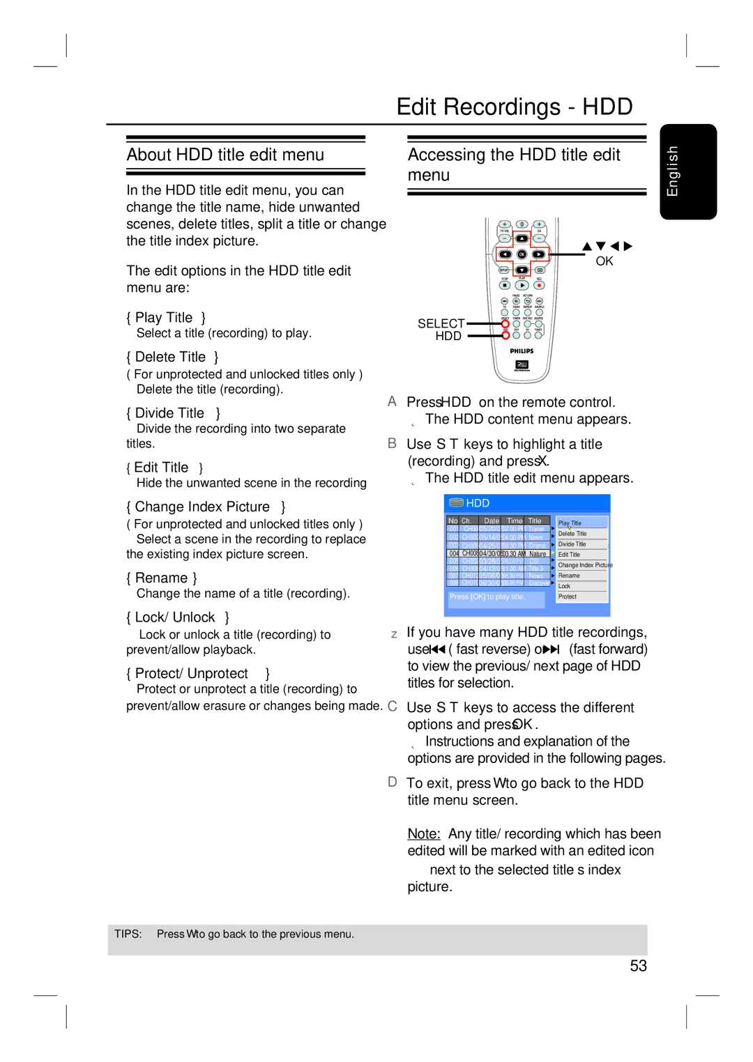 Philips DVDR3350H user manual Edit Recordings HDD, About HDD title edit menu, Accessing the HDD title edit menu 