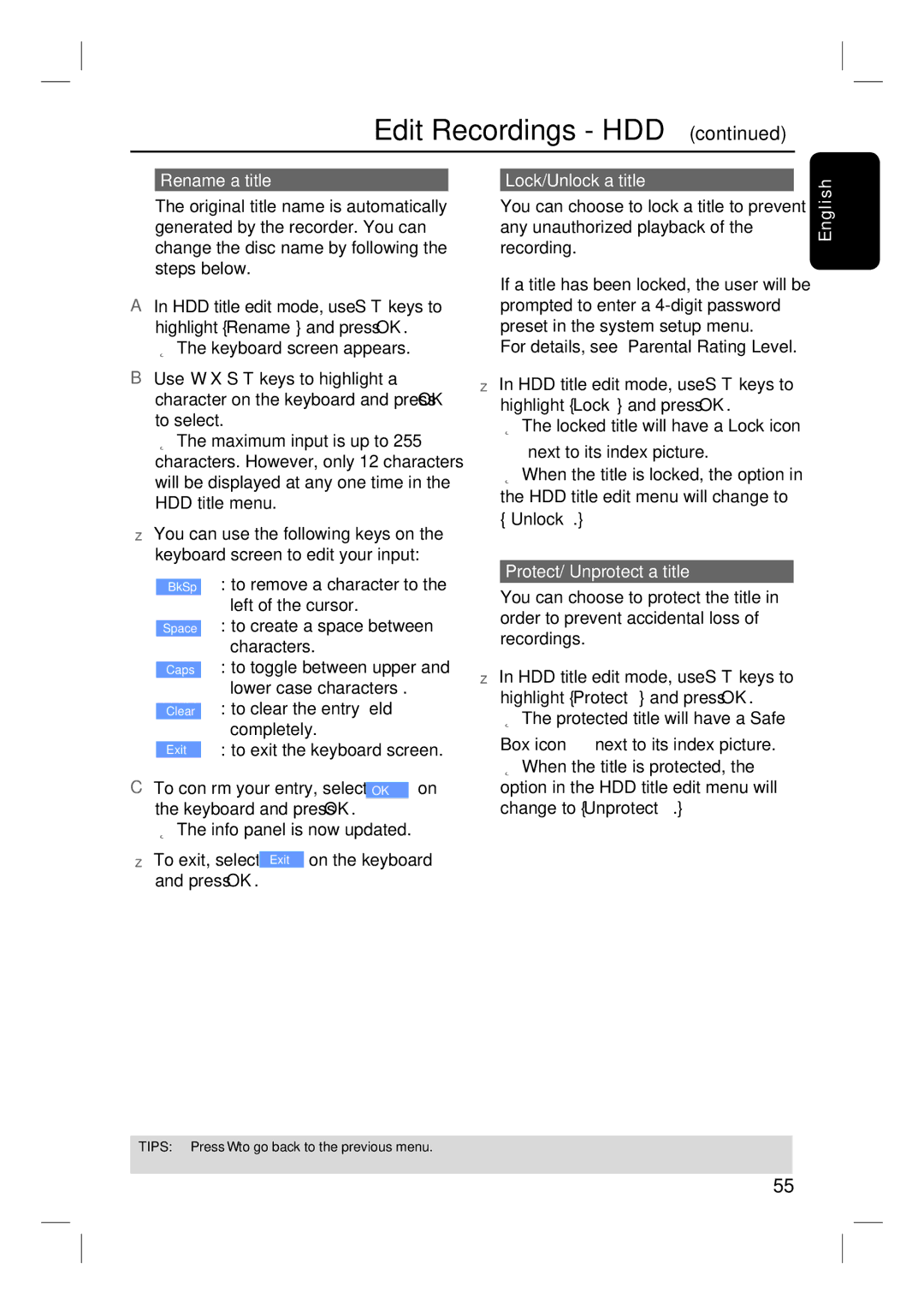 Philips DVDR3350H user manual Rename a title, Lock/Unlock a title, Protect/ Unprotect a title 