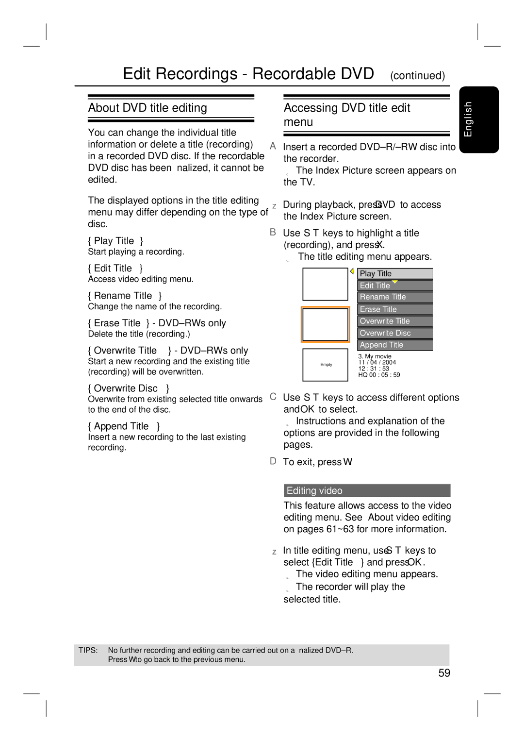 Philips DVDR3350H user manual About DVD title editing, Menu, Editing video 