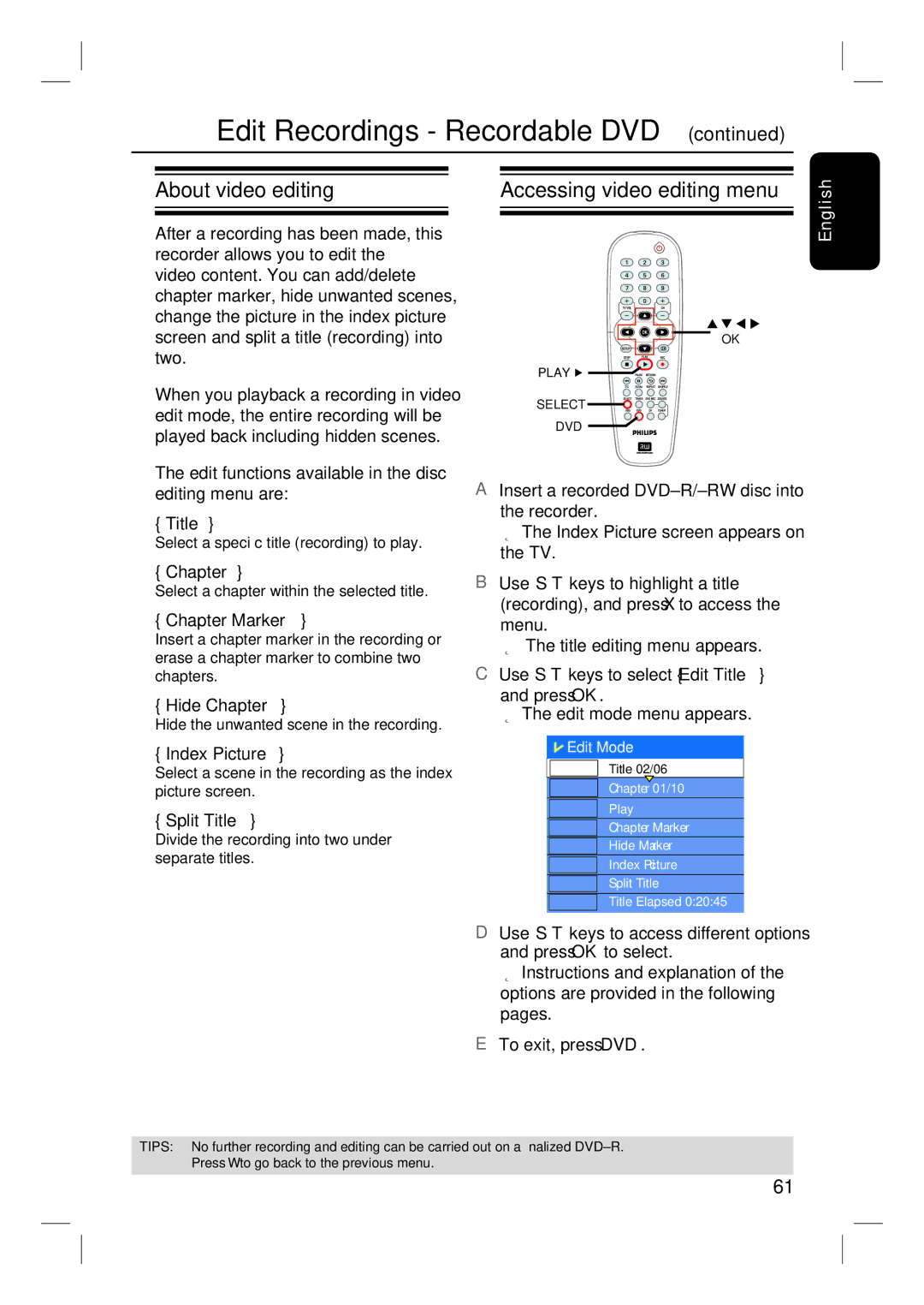 Philips DVDR3350H user manual About video editing, Accessing video editing menu 