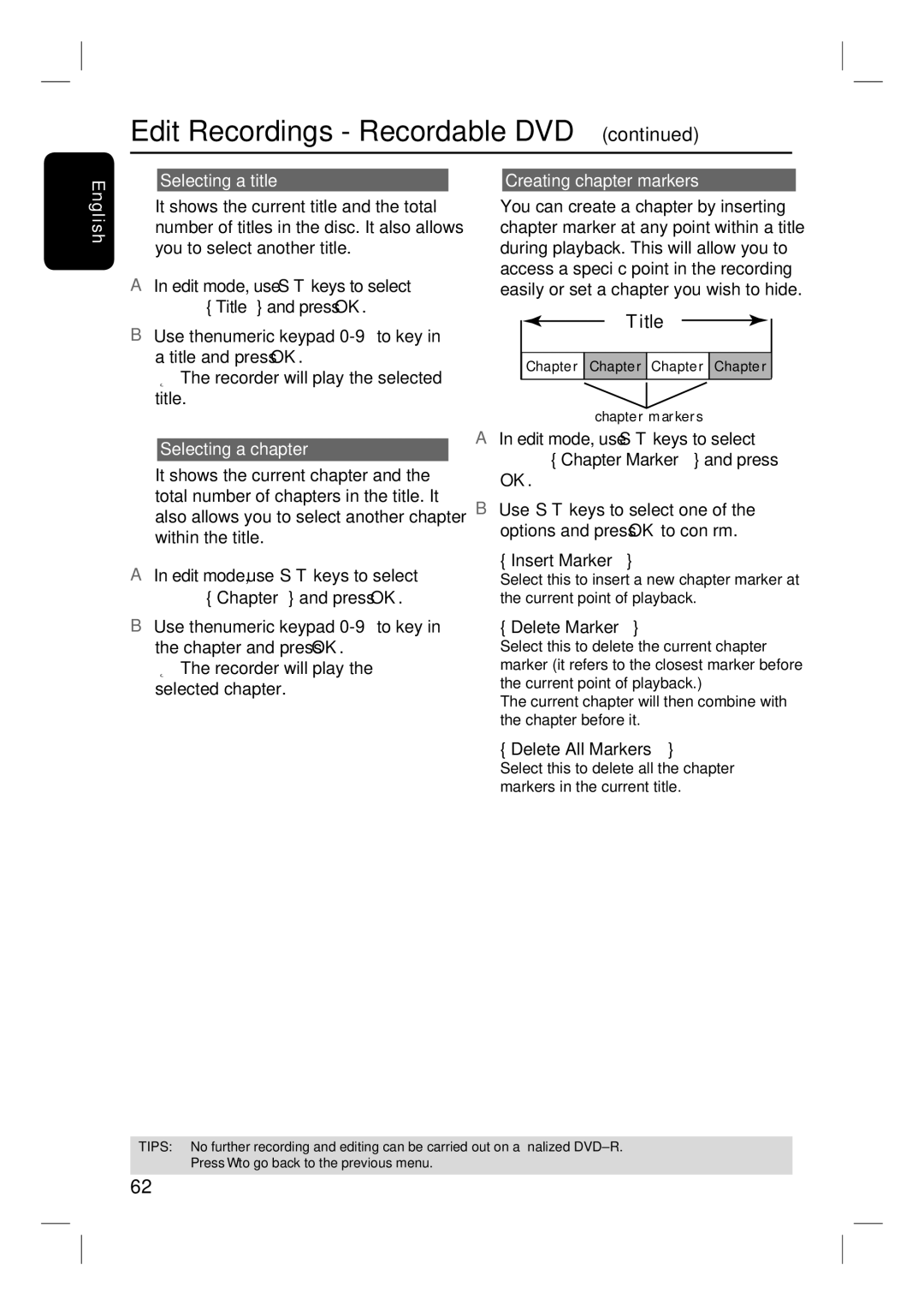 Philips DVDR3350H user manual English Selecting a title, Creating chapter markers, Selecting a chapter 