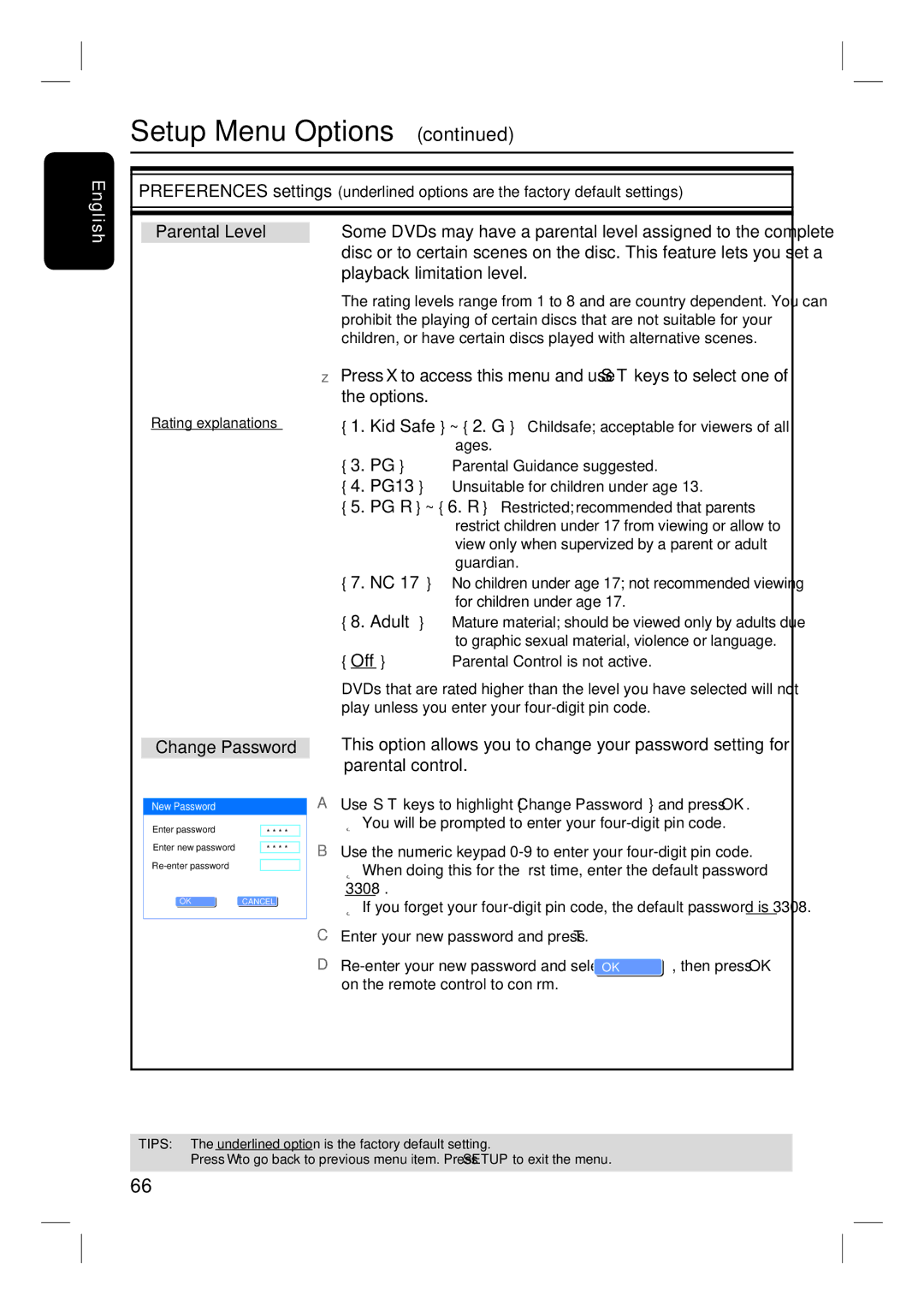 Philips DVDR3350H user manual Parental Level, Playback limitation level, PG13, Adult, Change Password 