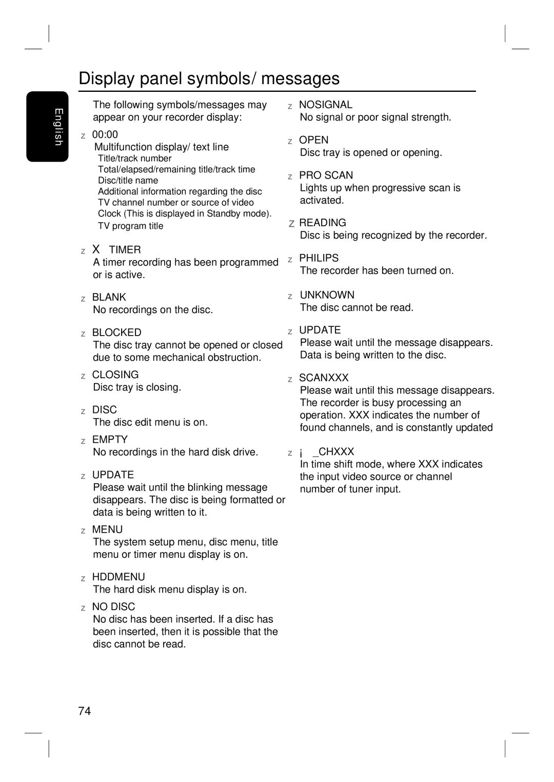 Philips DVDR3350H user manual Display panel symbols/ messages 